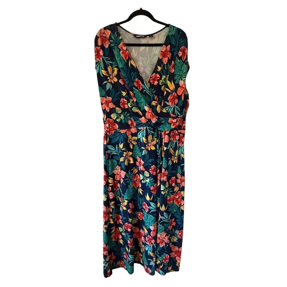 Lands' End Faux Wrap Dress 2X Plus Blue Tropical Floral Cap Sleeve Knit Midi - Picture 3 of 7